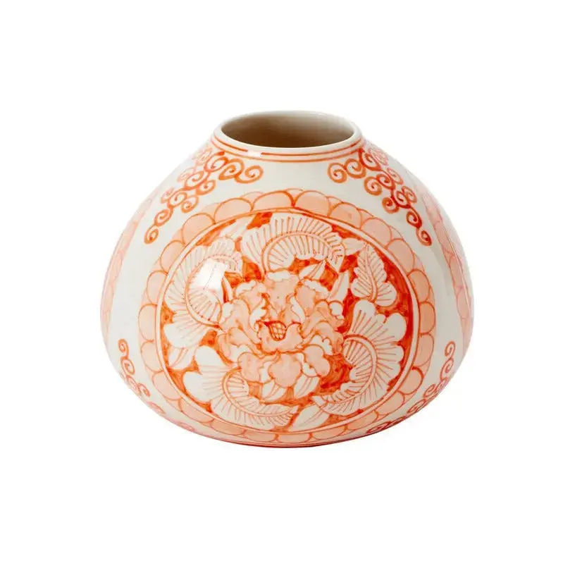 Traditional Coral Orange & White Hand-Painted Chinoiserie Ceramic Eleanor Bulb Budvase, Vintage Home Decor Vase for Floral Arrangements