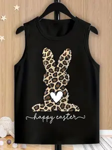 Boys Summer Casual Fashion Leopard Rabbit Print Vest Top, Comfortable Breathable Sleeveless Long Shirt, Perfect Gift