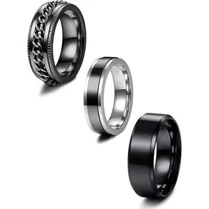 3PCS Men's Rings Stainless Steel Rings for Men Twisted Chain Ring Spinner Ring Beer Bottle Opener Rings Spinner Chain Link Shaped Band Rotatable Vintage Mens Black Ring