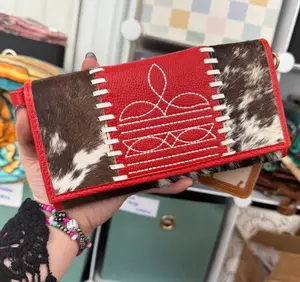 Genuine leather & cowhide boot stitch wallet with wristlet and crossbody strap- Red