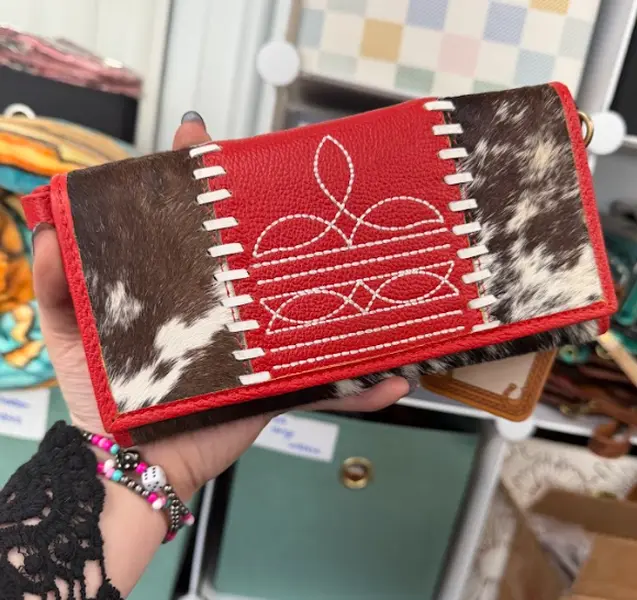 Genuine leather & cowhide boot stitch wallet with wristlet and crossbody strap- Red