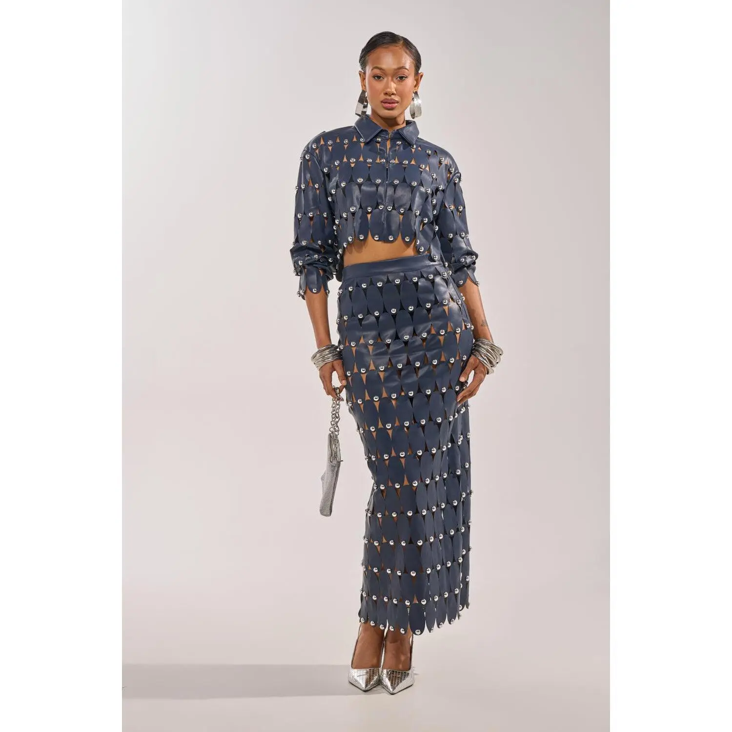 THE SNEAK PEEK STUDDED PU MIDI SKIRT IN NAVY