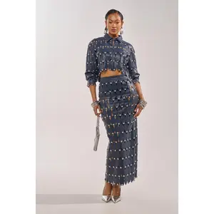 THE SNEAK PEEK STUDDED PU MIDI SKIRT IN NAVY