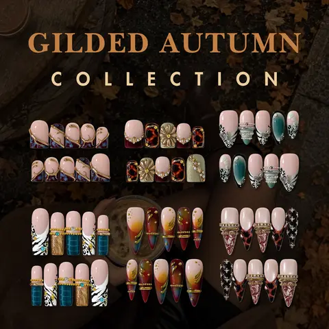 NailPhoria GILDED AUTUMN COLLECTION - Handmade Press-On Nails | Reusable, Salon-Quality, Long-Lasting, Glossy Design Nail Art Decoration