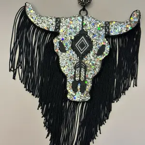 Large Silver Aztec Bull Scented Car Freshie with Fringe - Handmade Aroma Beads for Vehicles. Rearview Mirror Air Freshener and Decor