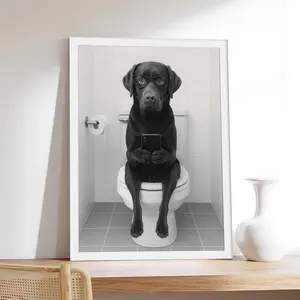 Chocolate Lab on Toilet _ Labrador Trendy Dog,vintage, couple，Minimalist Neutral Poster Print, Aesthetic Wall Decor for Bedroom.
