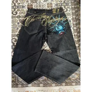 Vintage Statue of liberty Diamonds Jeans Casual Denim Pants High Waist Straight Wide Leg Jeans Harajuku Y2k 2000s Women Clothing