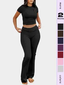 Women's Y2K Style Two-Piece Fitted Casual Set, Includes Waist-Cinching Flared Pants and Short Sleeve Top, Trendy Fashion for Summer