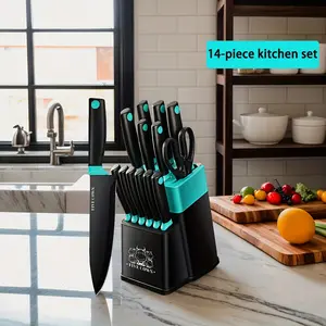 Sharp and Durable 14-Piece High-End Knife Set, Built-in Sharpener, Suitable for Home Cooking, Ergonomic Handle Design, Includes Stainless Steel Steak Knife, Meat Knife, Fruit Knife, and Kitchen Knife Block Chopping