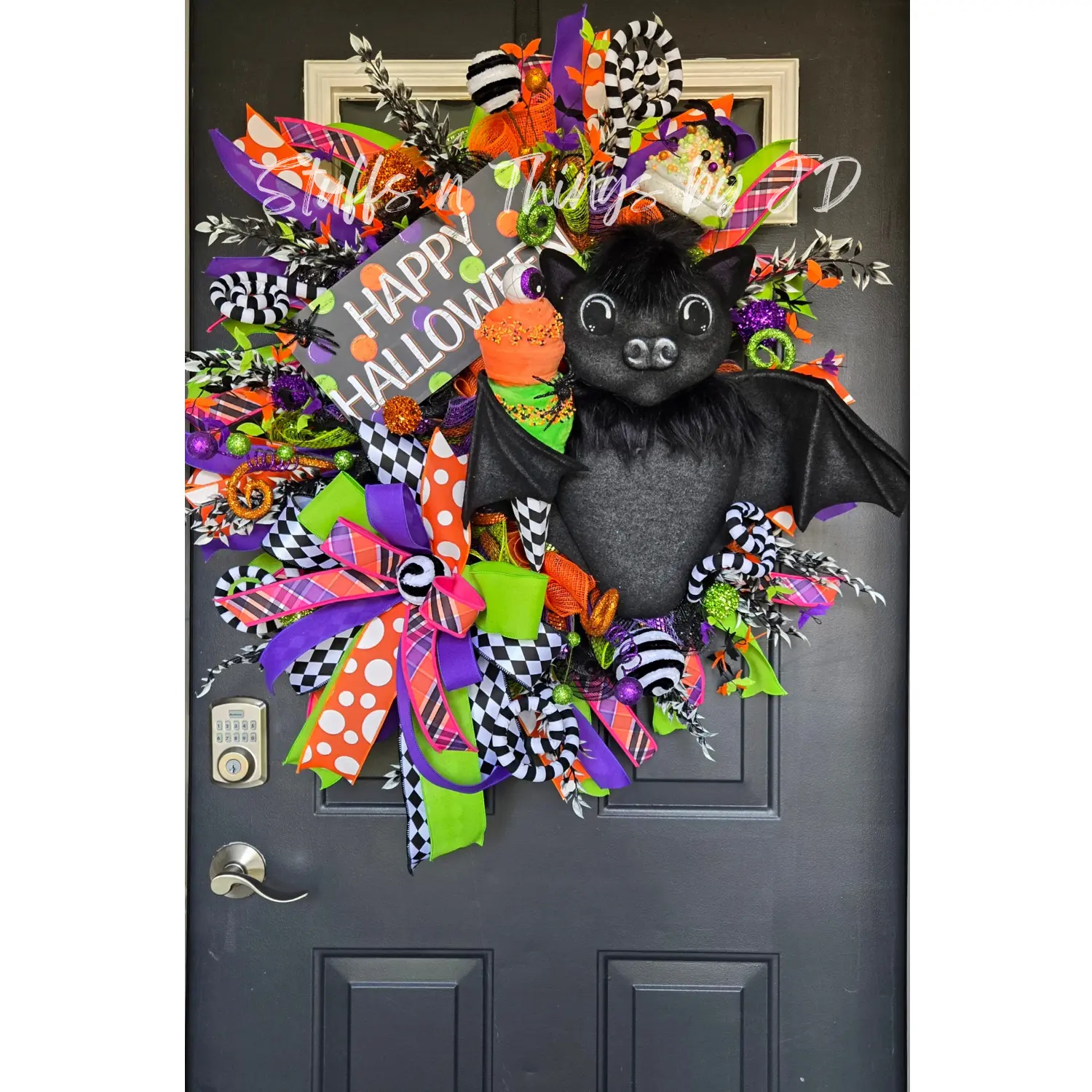 Whimsical Happy Halloween Bat Wreath – Extra Large Door Decor