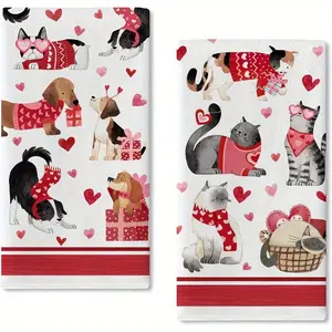 2-Pack Valentine's Day Kitchen Towels 16x24 Inch Polyester Super Soft Machine Washable Modern Fantasy Theme Woven Oblong Shape Reusable for Cooking Baking Drying Red Love Heart Design