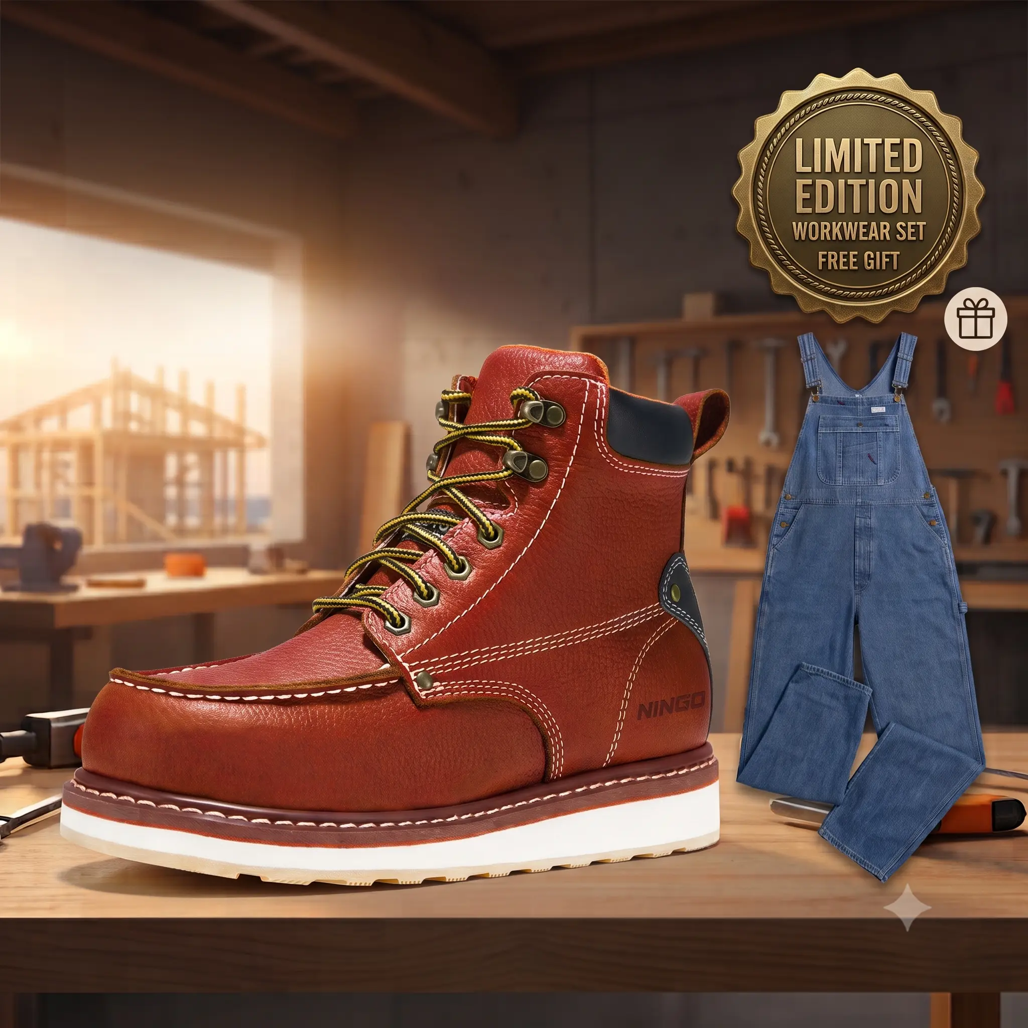 NINGO 2026 Upgraded Steel/Soft Toe Work Boots for Men, Slip Resistant Moc Toe Work Shoes | ASTM 2413 Safety Toe, Full-Grain Leather, Wedge Sole, Goodyear Welt, Water Resistant, EH Rated, for Industrial Construction
