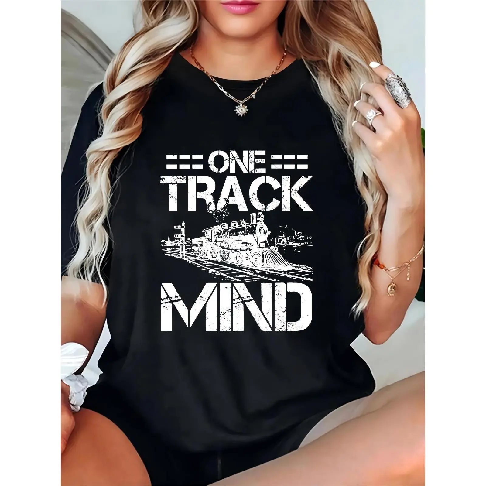 Women's Black T - Shirt with Vintage Steam Train & "ONE TRACK MIND" Text, Casual Daily/Steam Enthusiast Wear, Retro Railroad Style