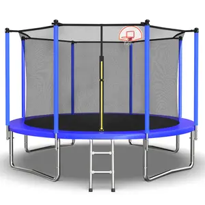12FT outdoor trampoline with basketball hoop and ball, leisure trampoline with safety fence in the backyard outdoor area