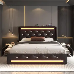 Queen Size Bed Frame with Wingback Upholstered Diamond Headboard and 2 Storage Drawers, LED Lights and Charging Station, Metal Slats Support, Noise-Free, Easy Assembly, No Box Spring Needed,  Black    RR
