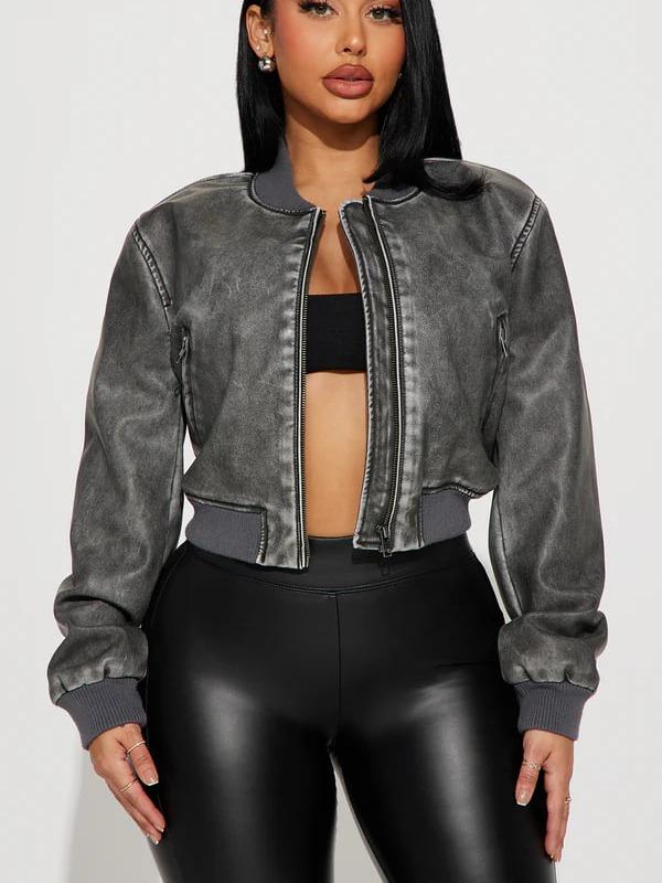 Zoe Washed Faux Leather Bomber Jacket - Grey, Stylish & Comfortable, Perfect for Casual Wear