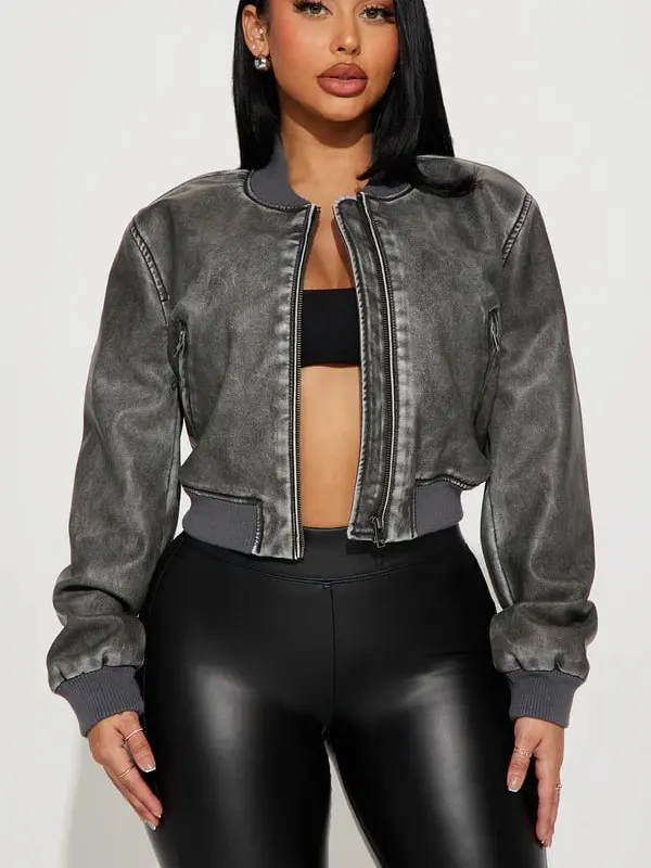 Zoe Washed Faux Leather Bomber Jacket - Grey, Stylish & Comfortable, Perfect for Casual Wear