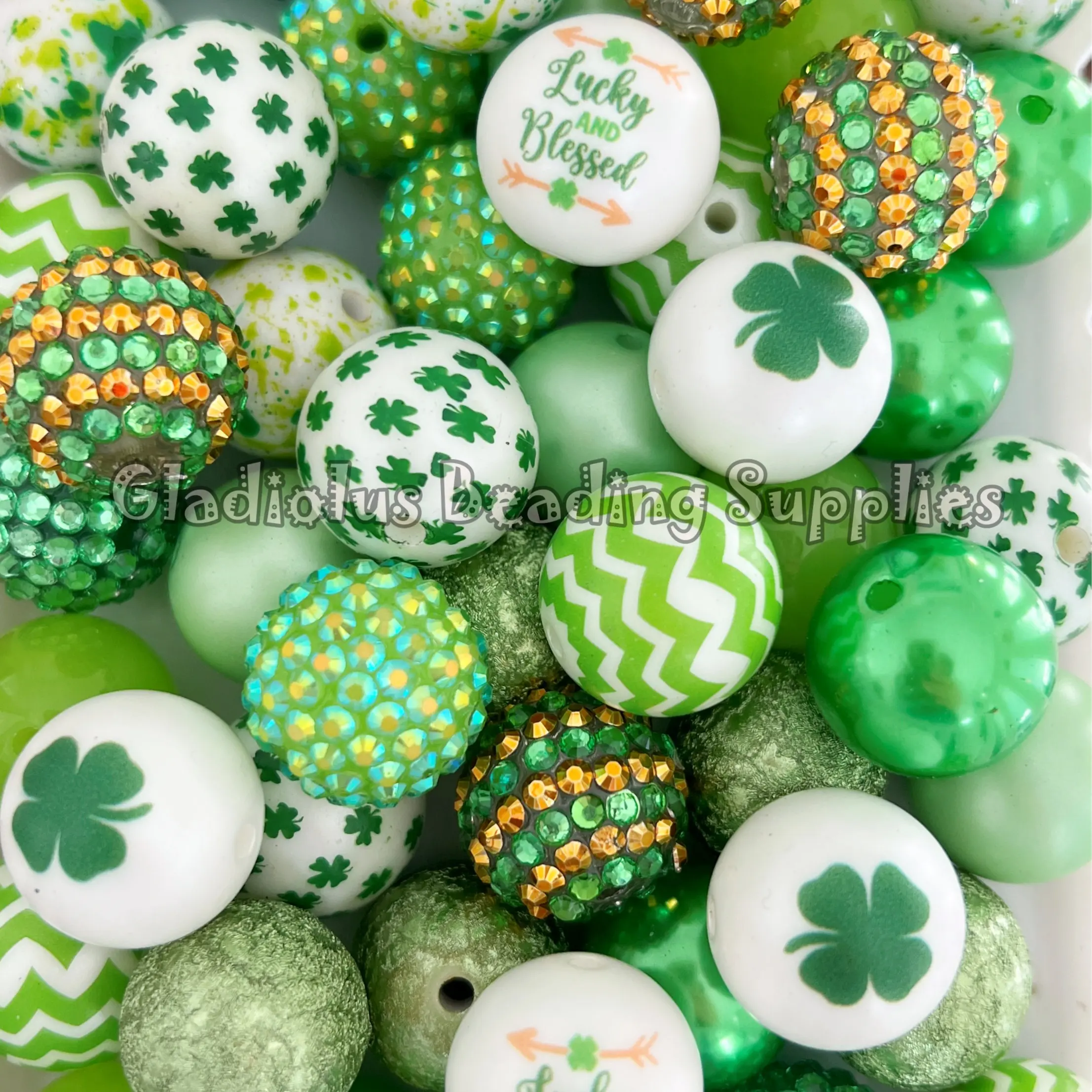 50 Qty 20mm Beads, St Patrick Set Beads Craft, Patrick Season, Clover Theme, Acrylic, Chunky size, Round, Gumball, Beading Supplies