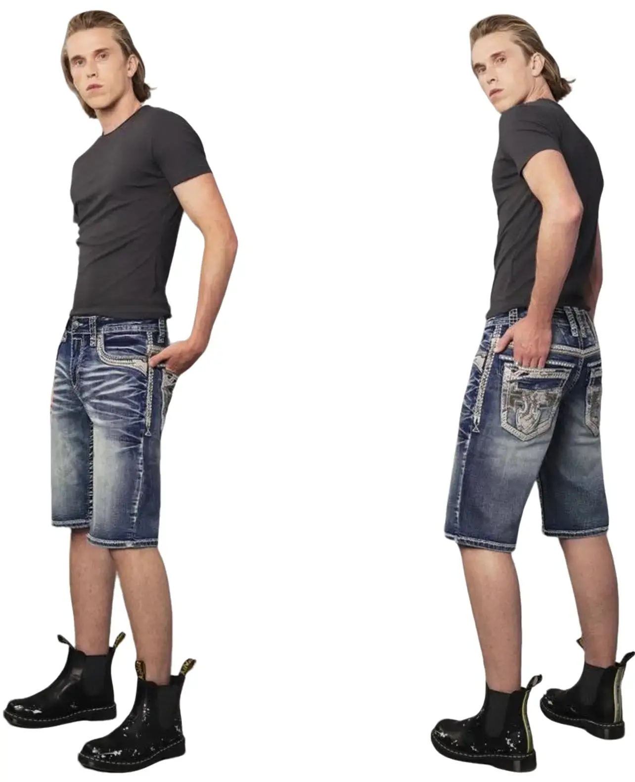 Men's Premium Stretch Fit Embroidered Thick-Stitch Denim Jean Shorts, Streetwear Menswear (JOR394)