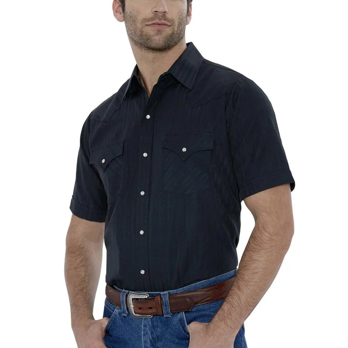 Men's Ely Cattleman Short-Sleeve Solid Tone-on-Tone Western Snap Shirt, Poly Fabric, Functional Pocket, Durable Snaps