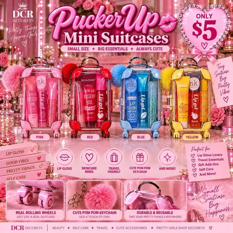 Decoreys Mini Puckerup Suitcases - 3 Lip Glosses & Soft Scrunchie - Travel-Friendly Size - Perfect for Kids Teens & Glam-On-The-Go Babes - Includes Free Stickers Charms Minis & Accessories - Lipgloss