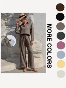 Lm131 Tie Front WideLeg Pants With Pockets & Women's Solid Button Front Shirt Two-piece Set,Casual Modest Outfit, Casual Fashion Set
