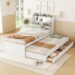 Twin Size Wooden Platform Bed with Trundle & LED Storage Headboard - 3 Drawers, Wood Twin Captain Bed with USB Outlets and Hidden Flip-Up Compartment for Bedroom (White)