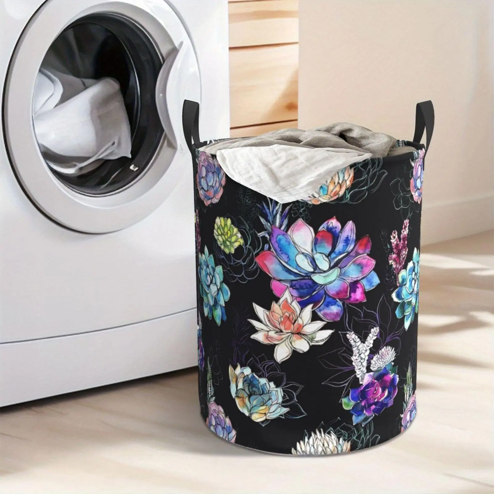 Colorful Succulent Floral Laundry Hamper  Portable Storage Hamper with Sturdy Handle， Oxford Cloth， Easy to Store and Collapsible Design， Laundry Baskets