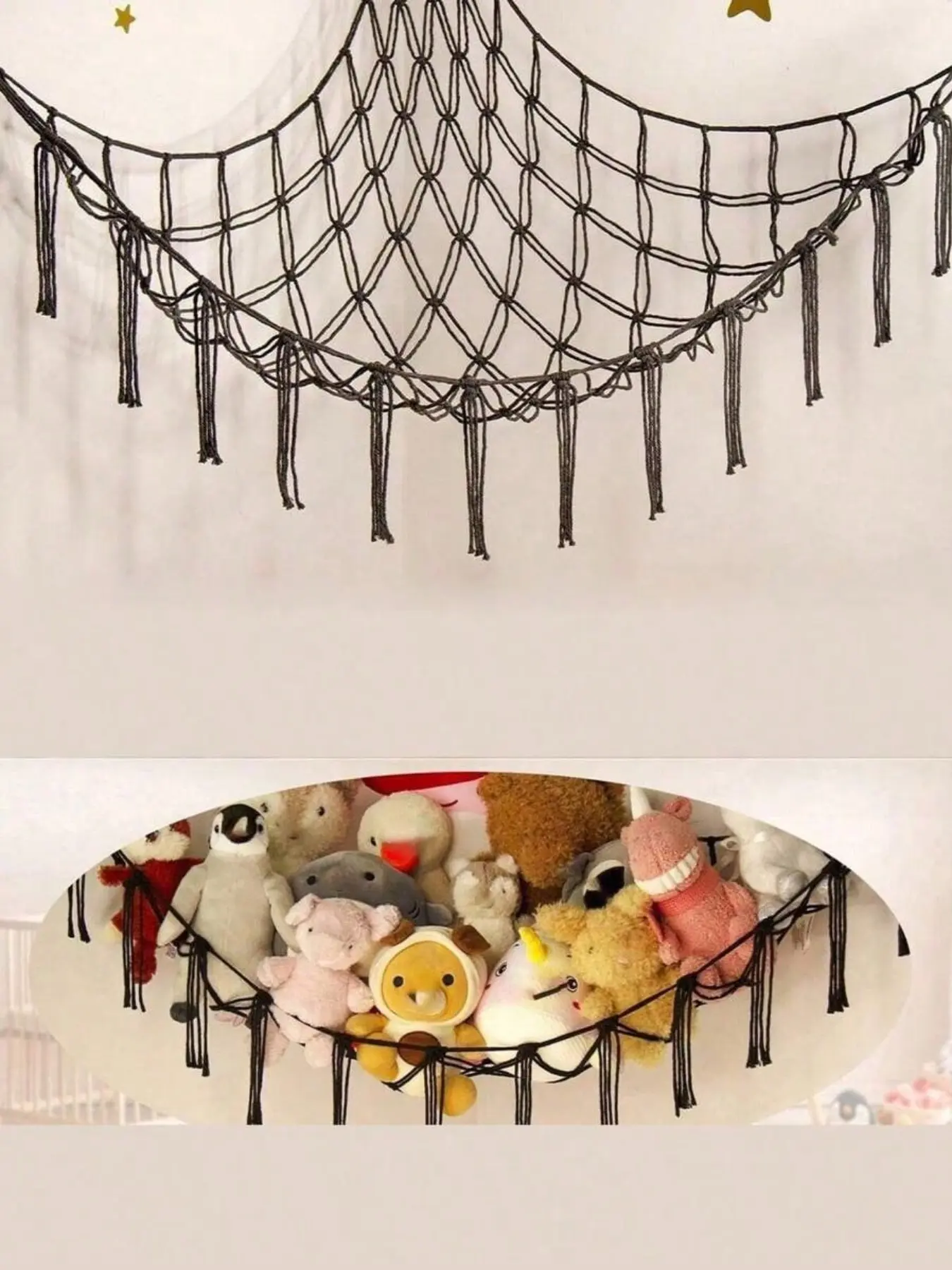Boho Style Plush Toy Hammock, Corner Hanging Mesh Net with Tassels, Space-Saving Stuffed Animal Organizer for Bedroom, Nursery & Home Decor