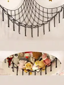 Boho Style Plush Toy Hammock, Corner Hanging Mesh Net with Tassels, Space-Saving Stuffed Animal Organizer for Bedroom, Nursery & Home Decor
