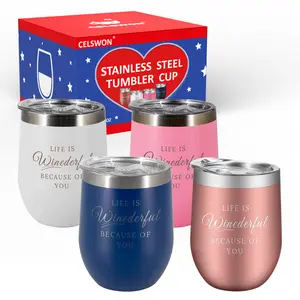 Stainless Steel Wine Tumbler 4 Pack,Insulated Wine Glasses Set with Lids and Straws, Wine Tumblers with sayings, (Multi-Color 4 Pack, 12 oz) Springtok