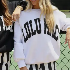 Women’s Lulu Mac White Sweatshirt With Black Puff Lettering Womenswear Long Sleeve Tops Pullover Casual Crewneck Everyday Soft Cotton