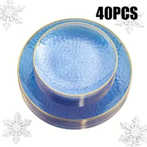 40 Piece Transparent Blue Plastic Plates Set, Hammered Design with Edges, Includes 20 Dessert Plates & 20 Party Dinner Plates