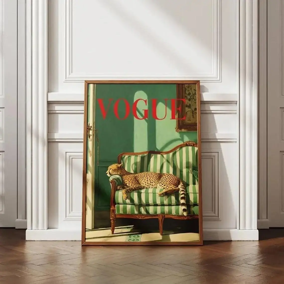 [No Frame] Vintage Cheetah Vogue Wall Art, Fashion Animal Print, Luxury Maximalist Poster, Green Living Room Decor, Unframed Artwork