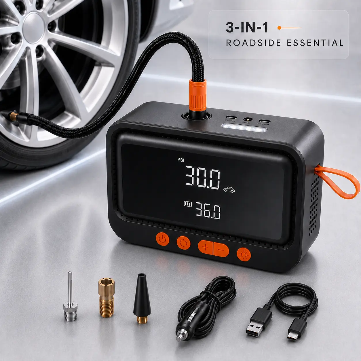 150 PSI Portable Tire Inflator with Built-In Hose & Adapter Storage, Cordless & 12V DC Dual Power Air Compressor with Auto Shutoff for Cars, Motorcycles, Bikes and Balls