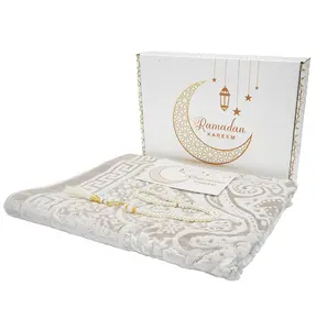 Luxury Velvet Prayer Rug Ramadan Gift Box Set with Prayer Beads - Paisley Vanilla White