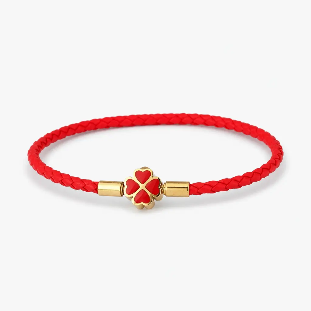 Red String Bracelet for Women - PU Leather Braided Bracelet with Clover Charm, Clever Integrated Clasp, Kabbalah Lucky Protection Amulet, Casual Stacking-Friendly Friendship Jewelry Gift, 8.3in