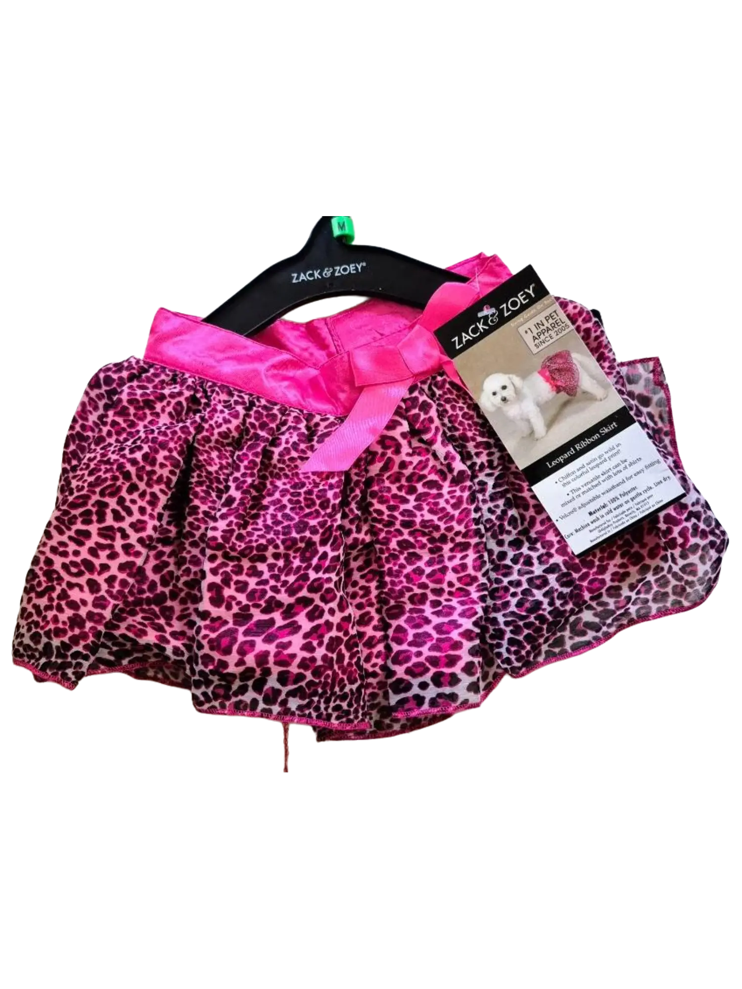 Zack and Zoey Pink Leopard Ribbon Pet Skirt, Size Med, Adjustable, Polyester-Chiffon-Satin Material, Fits Small Animals