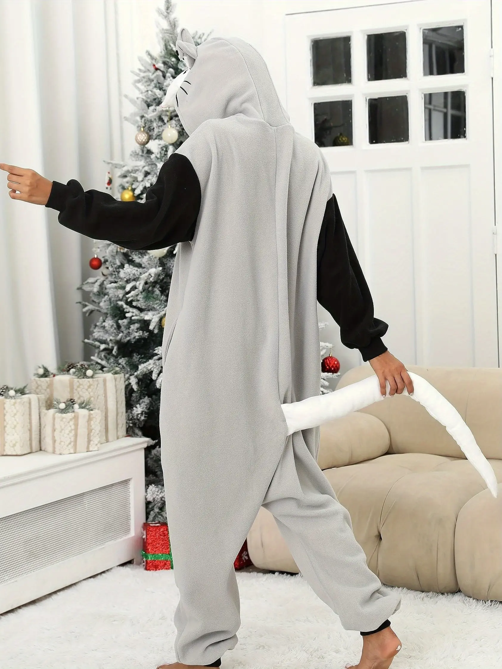 Women's Thick Embroidered Animal Onesie Loungewear - Long Sleeve Fitted Warm Casual Onesie, Cartoon Print Pajama with Pink Tails, Claws & Hat, Halloween Costume for Autumn Winter, Onesies, Casual Onesies cute pajama shorts