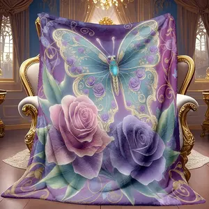 1pc Dreamy Butterfly And Rose Pattern Theme Pattern Flannel Blanket Soft High-definition Digital Printing Cooling Blanket Suitable For All Year Round! 100% Polyester Fiber, Suitable For Family And Friends All Year Round