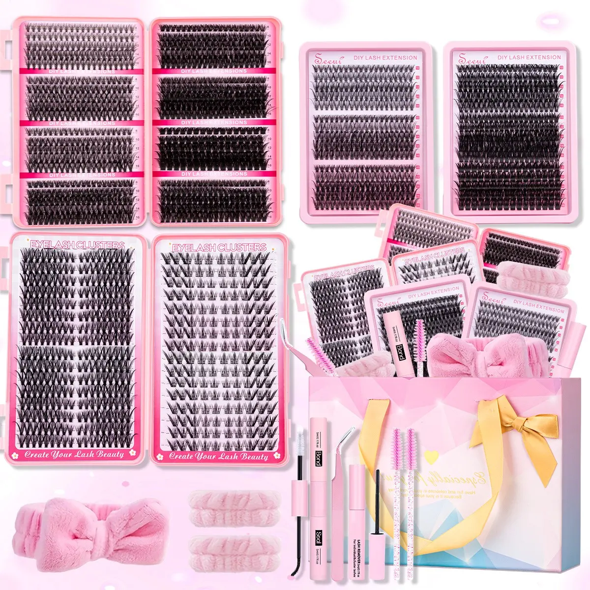 Cat Eye Lash Cluster Set, Beauty Eyelash Clusters, Diy Lash Gift Box, Diy False Eyelashes, Fox Eye Lash, Eyelash Kit, 30D, 3D Lashes Clusters Kit, Dense Lash, Bond & Seal, Remove, Tweezers, Headband, Brushes, DIY Salon Look at Home, Glam