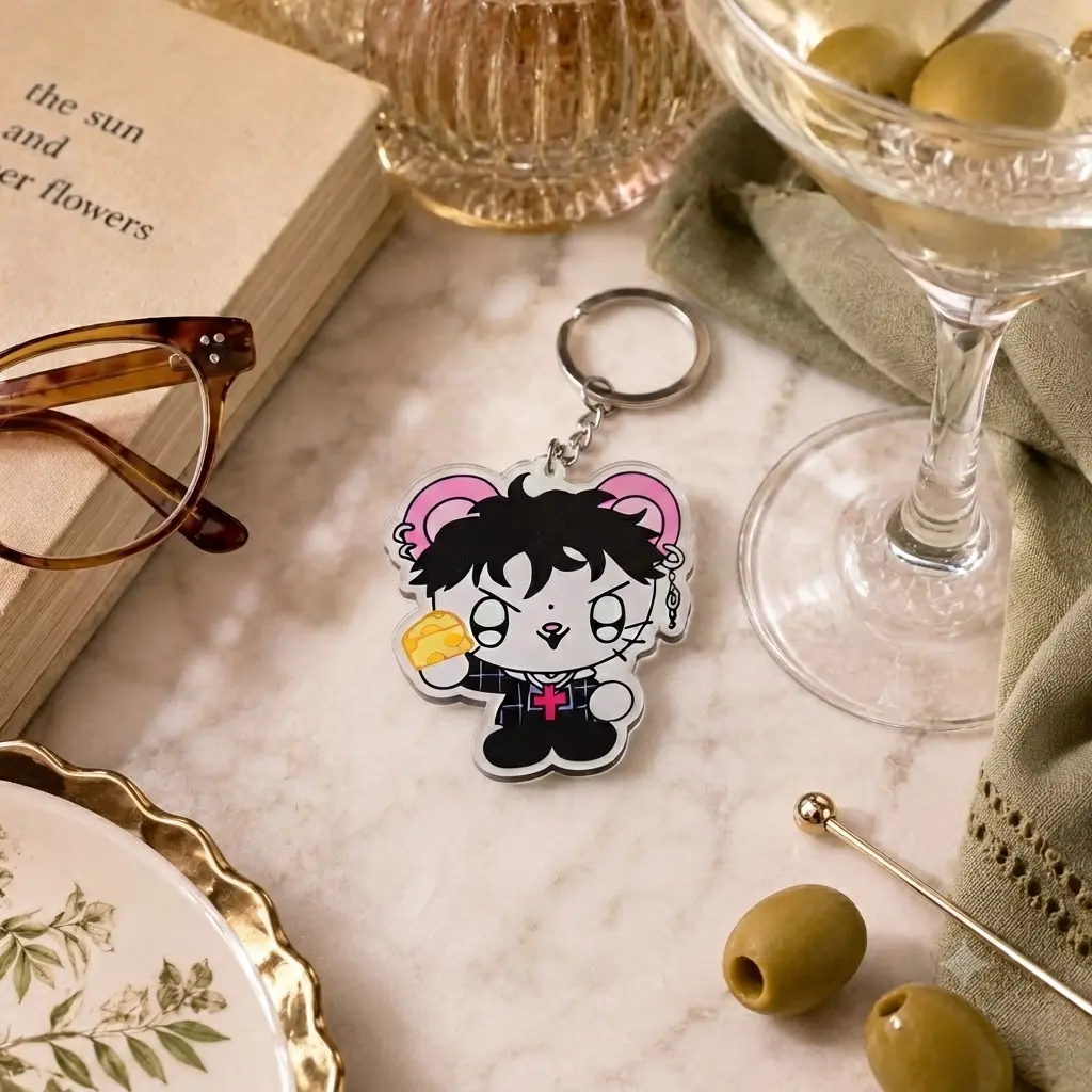 Cute Gothic Mouse Acrylic Keychain - Emo Style Character with Cheese Charm