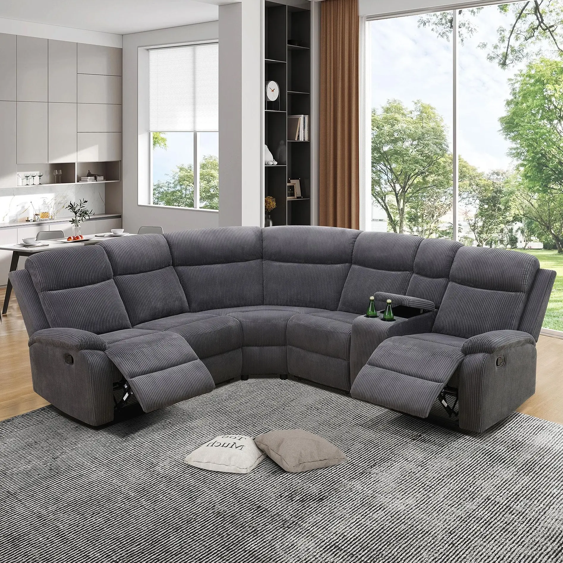 3-Piece Dark Grey Stripe Fabric Intelligent Recliner Sofa Set - Chic, Dark, Durable Indoor Furniture, Modern Comfort Living Room Sectional Couch, Chic Sofa Sets, Dark Sofa Sets