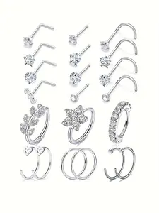 Women's Elegant Rhinestone & Flower & Star Decor Nose Ring, Trendy Exquisite Cubic Zirconia Nose Piercing Jewelry, Chic Body Jewelry for Party Decor, Labret, Nose Rings Hoops, Nose Rings Set