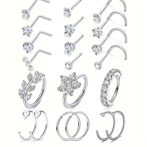 Women's Elegant Rhinestone & Flower & Star Decor Nose Ring, Trendy Exquisite Cubic Zirconia Nose Piercing Jewelry, Chic Body Jewellery for Party Decor, Labret, Nose Rings Hoops, Nose Rings Set