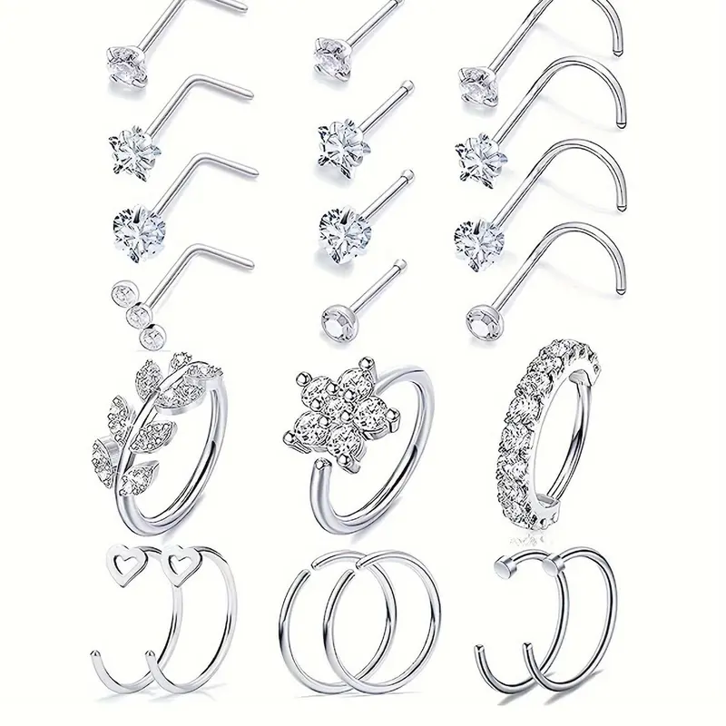 Women's Elegant Rhinestone & Flower & Star Decor Nose Ring, Trendy Exquisite Cubic Zirconia Nose Piercing Jewelry, Chic Body Jewellery for Party Decor, Labret, Nose Rings Hoops, Nose Rings Set