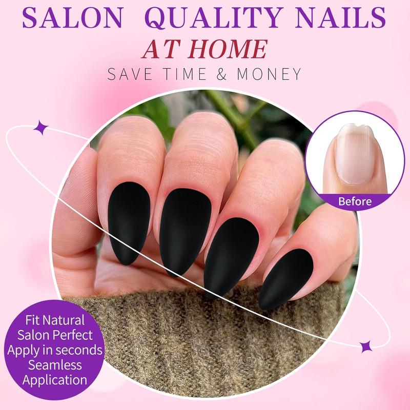Luckforever 360Pc Almond Press-On Short Fake Nails with Glue Tabs, Short False Nails Black Acrylic XS Stiletto Artificial Nails LuckForever