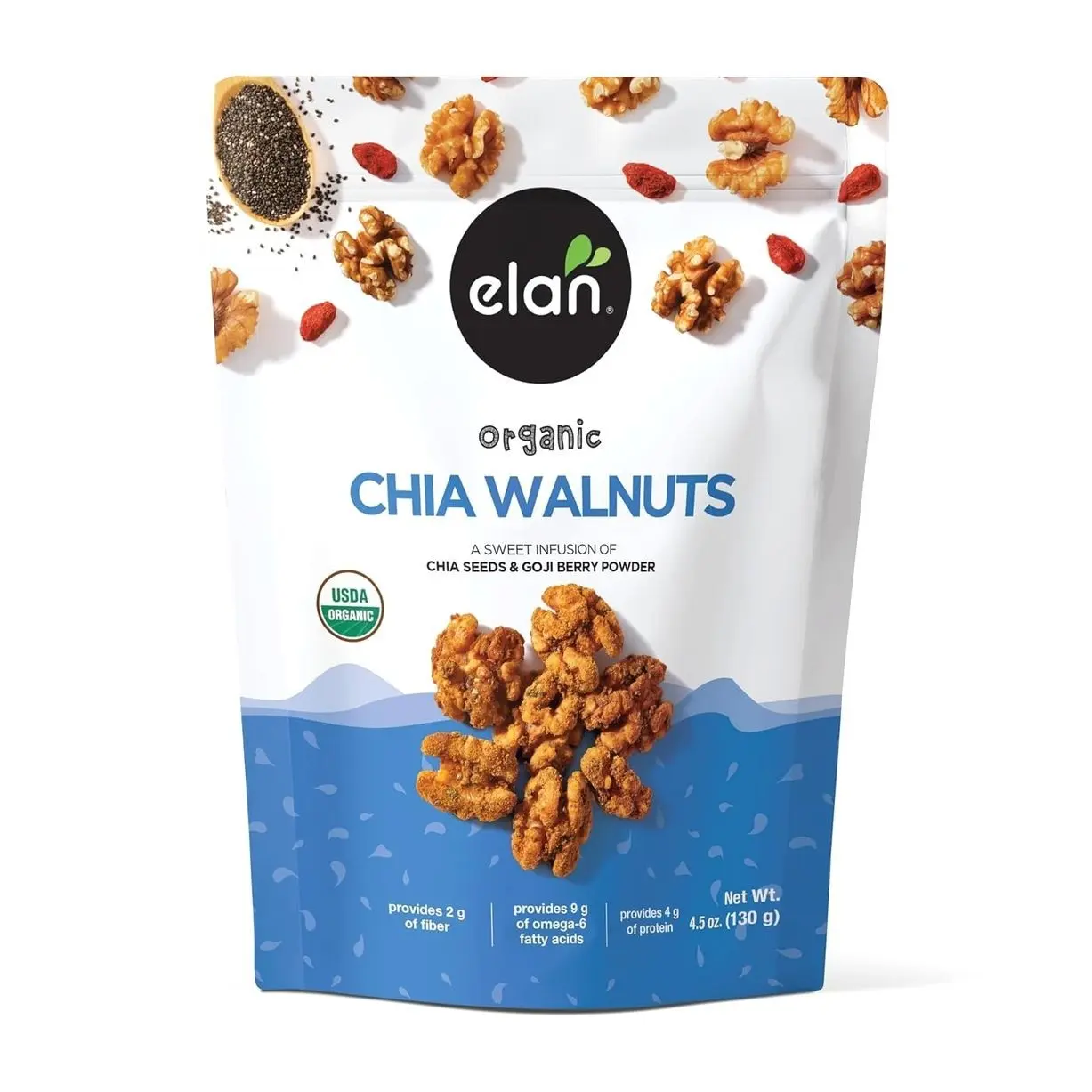 Elan Organic Chia Walnuts, 4.5 oz, Non-GMO, Gluten-Free, Vegan, Kosher, Healthy Snacks, Glazed Nuts with Chia Seeds, Goji Berry Powder & Himalayan Pink Salt, Superfood Infused Nuts