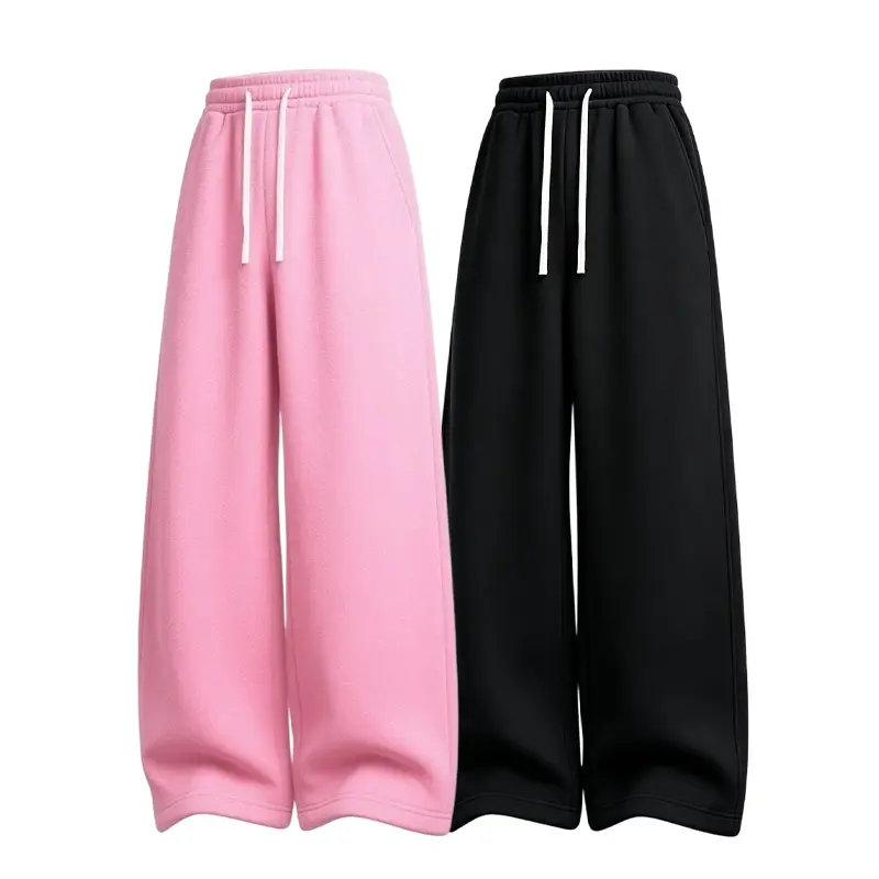 Men’s autumn/winter fleece knit wide-leg sweatpants, loose straight-cut casual pants with elastic drawstring waist, suitable for everyday wear, home, sports, and street style.