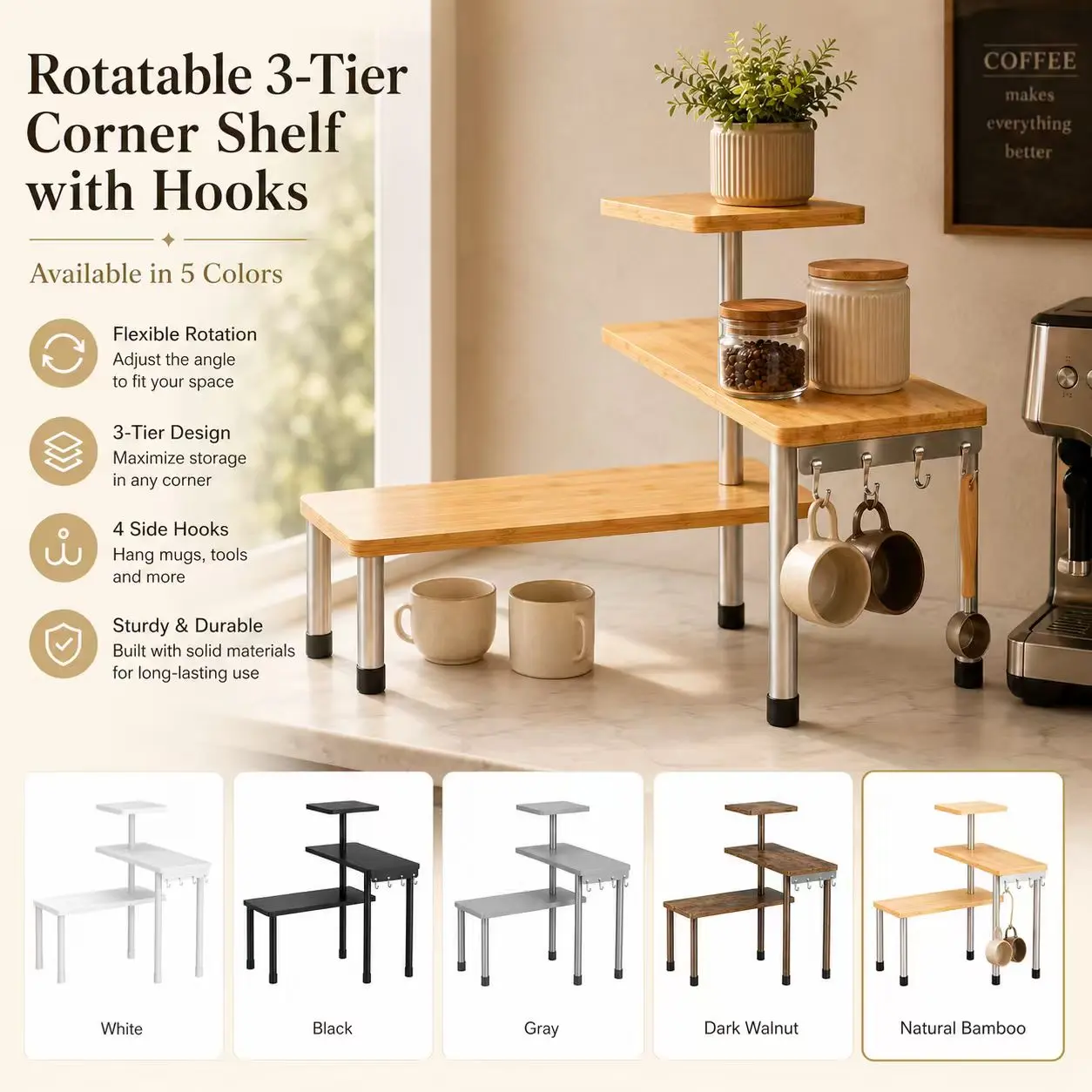 3-Tier Corner Shelf, 1-Pack 180° Rotatable Countertop Storage Rack with 4 Side Hooks, Adjustable for Bathroom & Kitchen